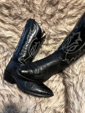 Tony Lama Men Black Ostrich & Leather Western Boots with Silver Stitching Sz 9 D